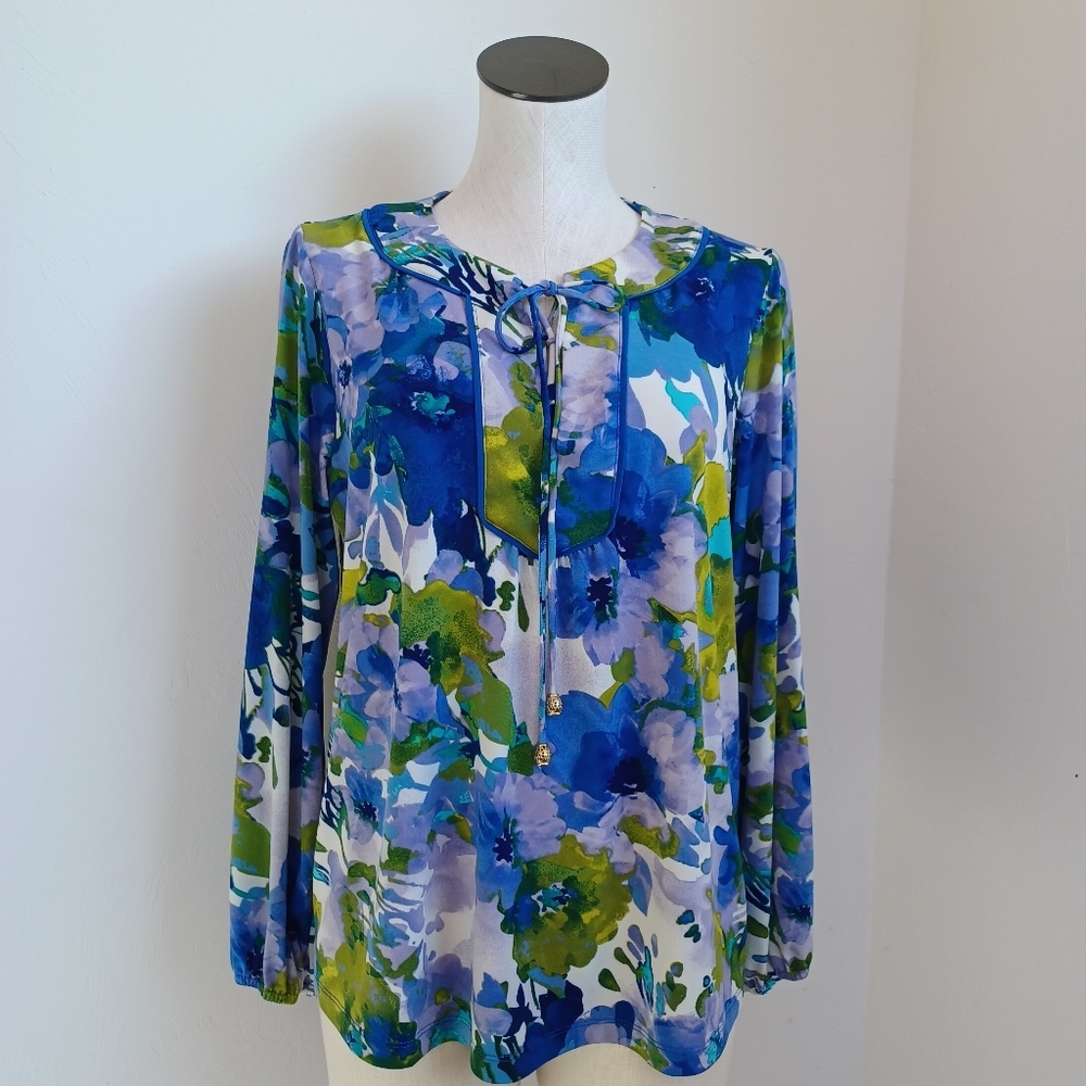 Susan Graver Tunic Blouse Purple Green Floral Print Peasant Womens Medium